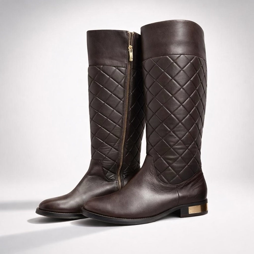Vince Camuto Quilted Knee-High Riding Boots Began Leather Brown Zip Ip size‎ 8.5